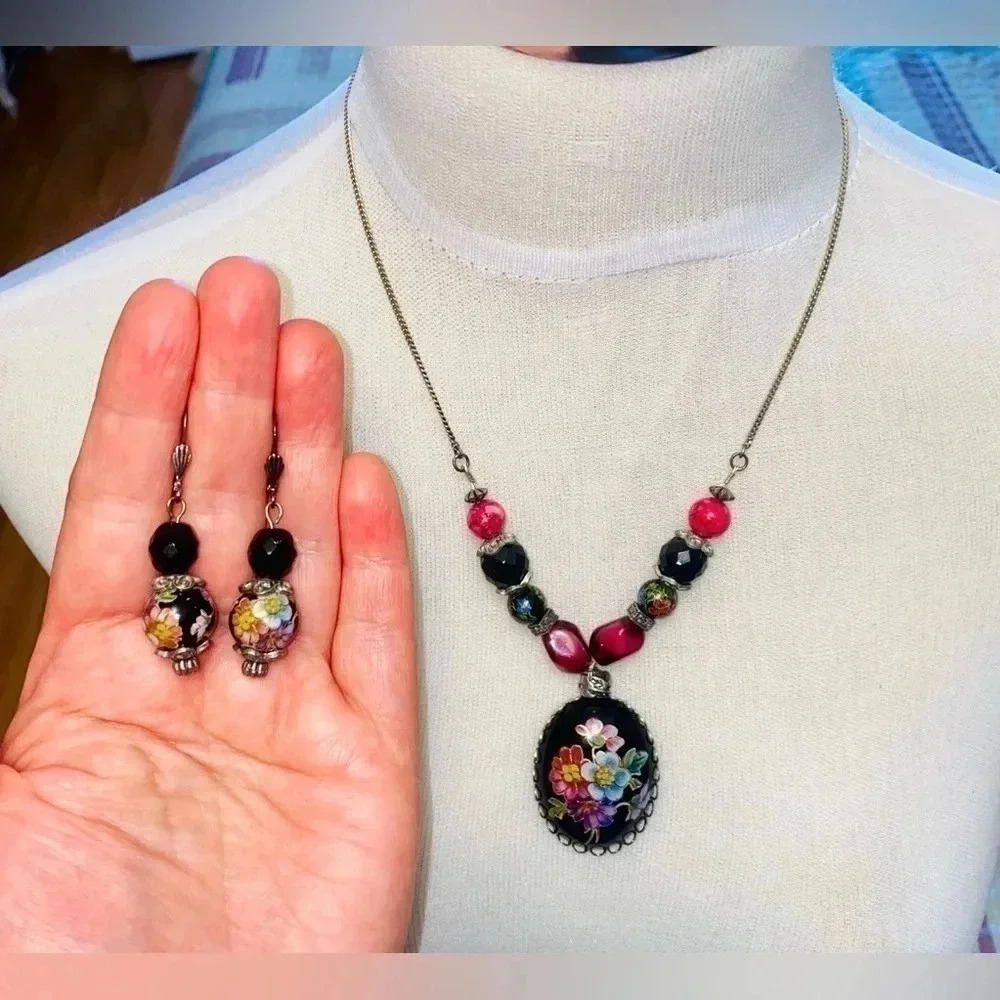 VTG ceramic & natural stones , hand painted jewelry set , made  in Israel 🇮🇱